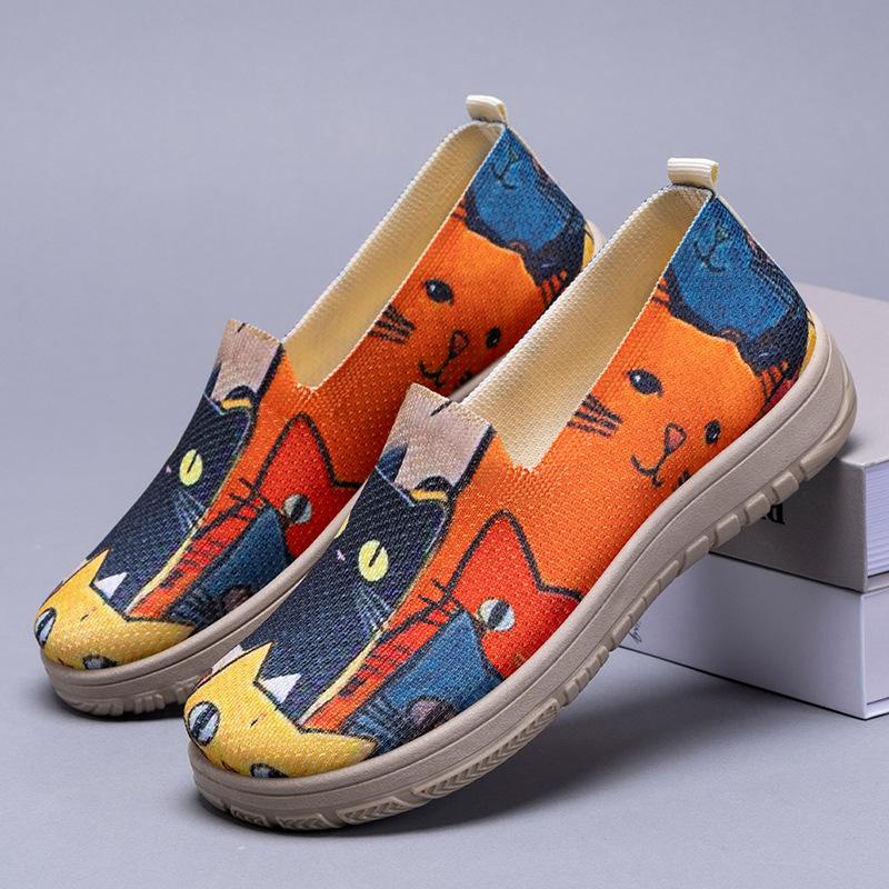 

Женские слипоны с принтом кошки, весенняя повседневная обувь, большой размер, плоская подошва, удобные, цветной блок, тканевые, дышащие, легкие 41