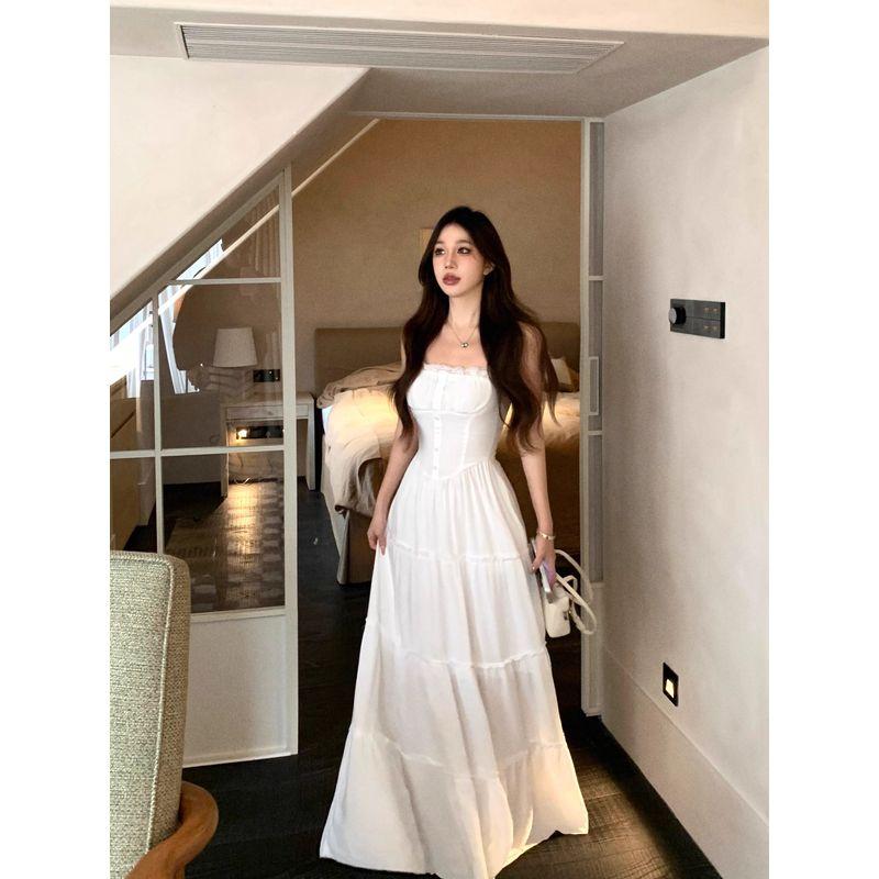 Kumikumi French Style Gentle Wind Lace Stitching Sling Dress Women Summer Waist Hugging Slimming A- Line Skirt Long Dress