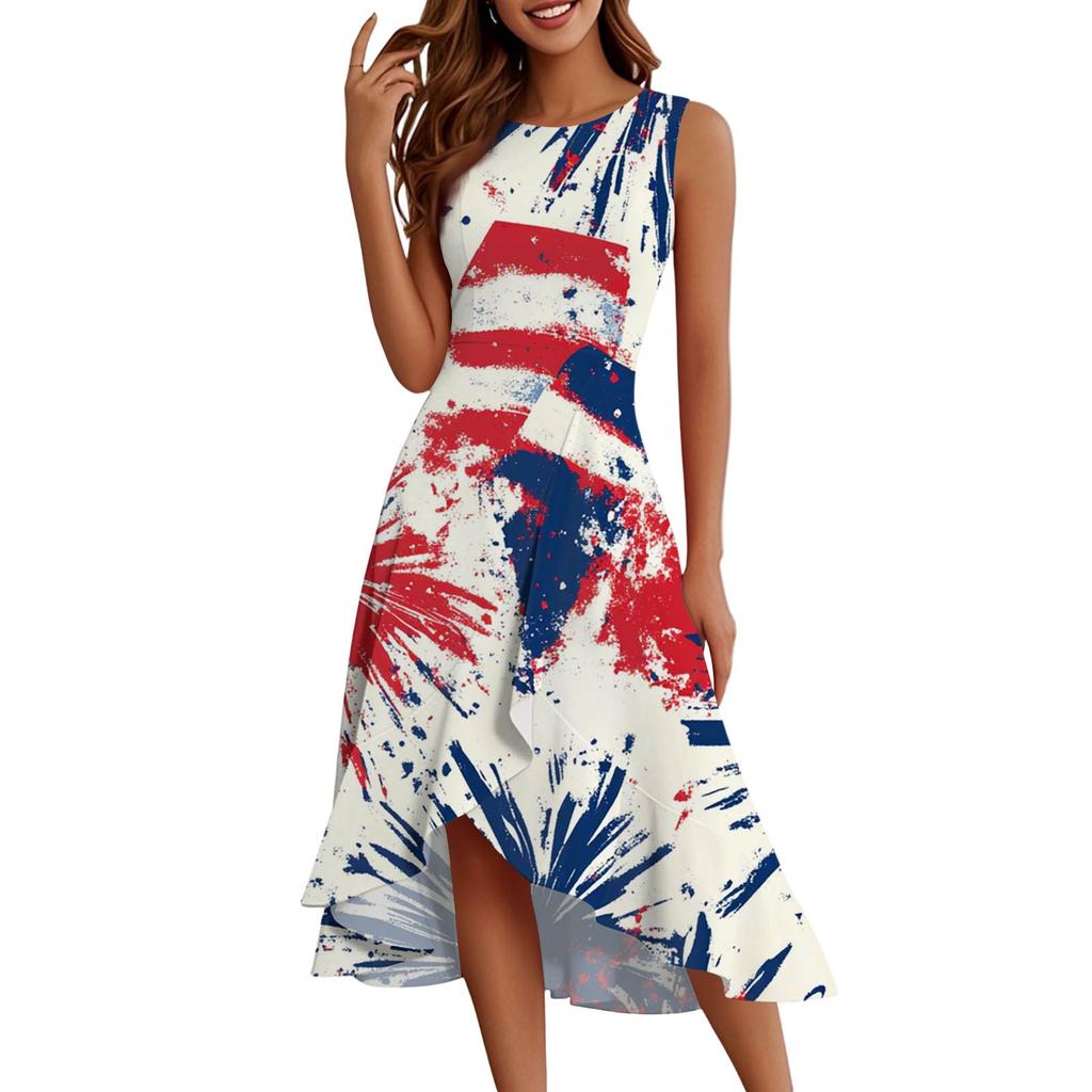Women's Fashion Casual Zip Sleeveless Round Neck Independence Day Printed Elegant Temperament Ruffles Dress Dresses