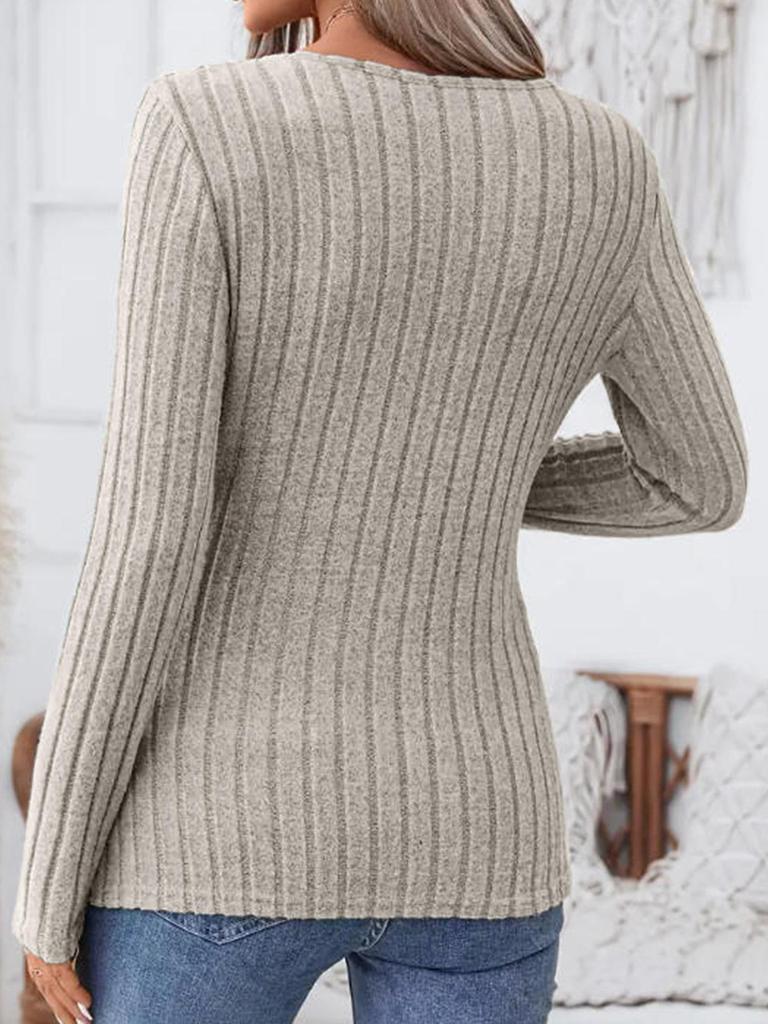 European & American Ribbed V-Neck Long Sleeve Top with Cut-Out Detail & Irregular Hem
