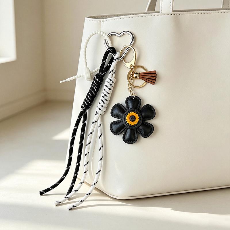 Yogodlns Creative Vintage Flower Heart Keychain Sunflower Decoration PU Pendant Woven Lanyards Bag Ornament Bags