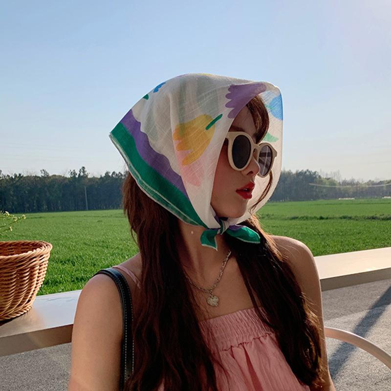 Women Flower Printed Headscarf Sun Protection French Pastoral Style Boho Lightweight Travel Picnic Outdoor Girls Scarf