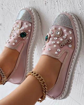 Designer Sneakers Damen Casual Flats Alltagskleidung Sneakers Perlen Strass Dekor Muffin Damen Loafer Schuhe Zapatos De Mujer
