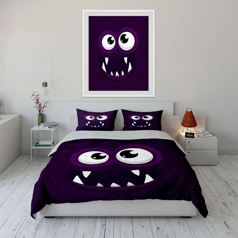 "Purple Monster Decor Set" Bedding Set with 1 Duvet Cover 2 Pillowcases Single Double King Queen, Gift