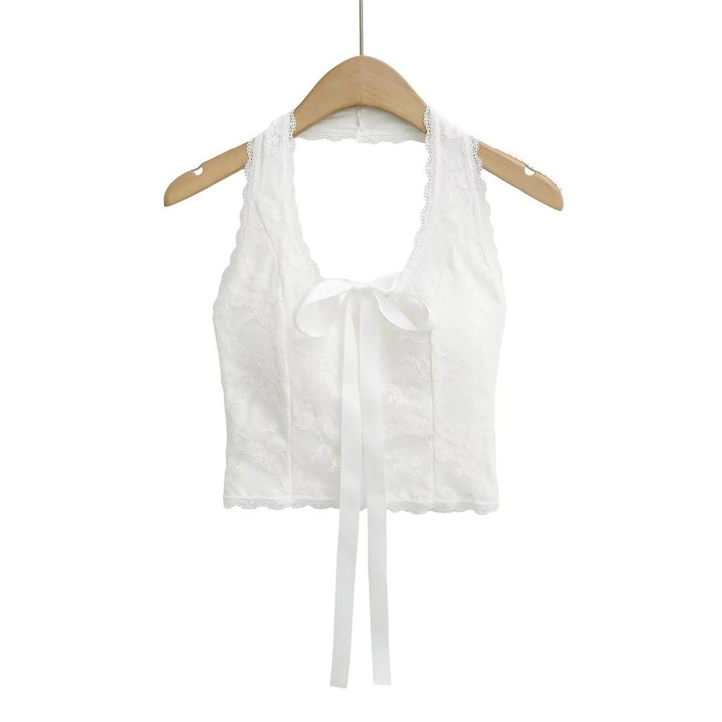 American-Style U-Neck Halter Bow Camisole with Chest Pads - Women's Lace Jacquard Slimming Top