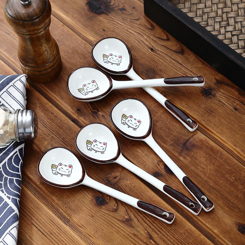 Japanese Ceramic Spoon Household Soup Dessert Mixing scoop Hand Painted Cute Cartoon Cat Coffee Scoops Rough Pottery Soup Spoon