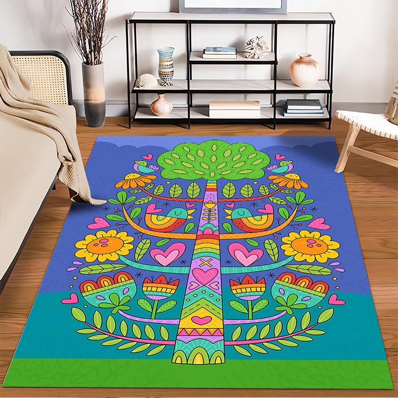 Colorful Tree of Life Pattern with Flowers, Hearts, and Birds Carpet Suitable for Use As an Anti-slip for Living Room Bedroom Sofas