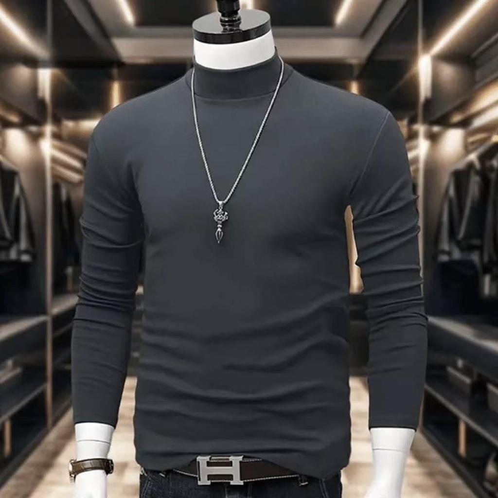 Мужская облегающая теплая футболка с длинным рукавом и полувысоким воротником для осени и зимы