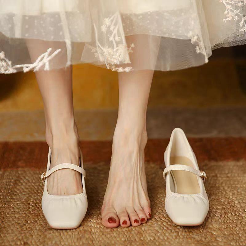 Mode Damenmode Pumps Frühling Herbst Neu Mary Jane Damen Eckige Zehenpartie Flache Einzelne Schuhe Leder Kleid Party Klobige Absätze Schuhe