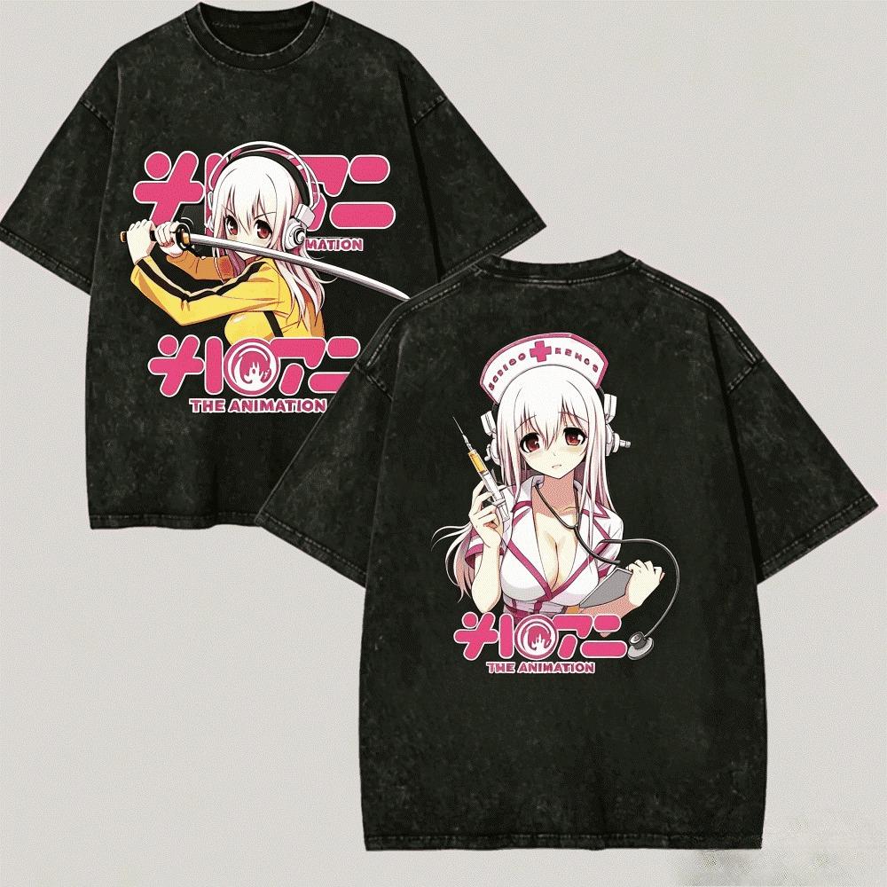 Super Sonico Anime Graphic T-shirt Vintage Washed Manga Merch Harajuku Unisex Oversized Crew Neck Cotton Short Sleeve Tee Tops