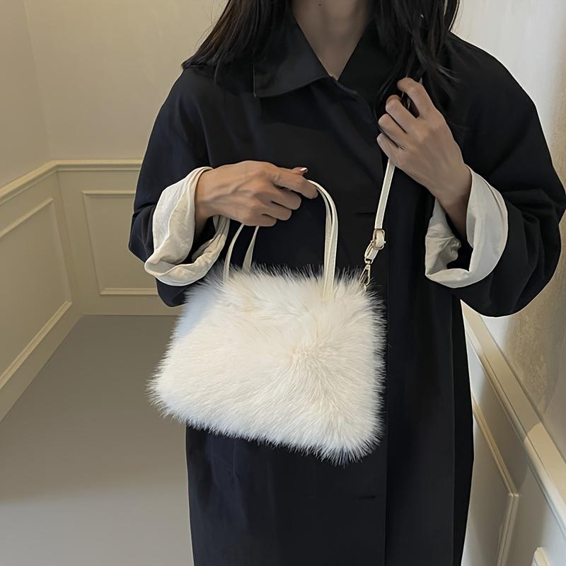 Ultra-Soft faux fur Winter Warm Handbag with Detachable Strap Solid Color Versatile Handbag for Everyday Use, Purse