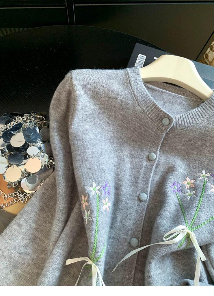 Women's Blue Floral Knit Cardigan - Round Neck, Bow Tie, Lace-Up Details, Elegant Early Autumn Style