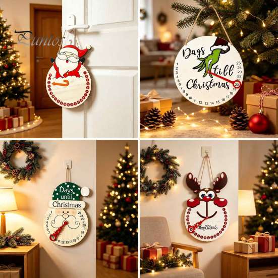 Christmas Atmosphere Ornament Countdown Calendar, Reusable Days Until Door Hanging Sign, Home Indoor Xmas Vintage Round Wreath Hanger for Holiday Wall