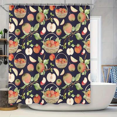 Fruit-Themed Shower Curtain Vintage Apples Design Waterproof Bathroom Decor Set Navy Blue Fabric With Fruit Illustrations 3D Pri