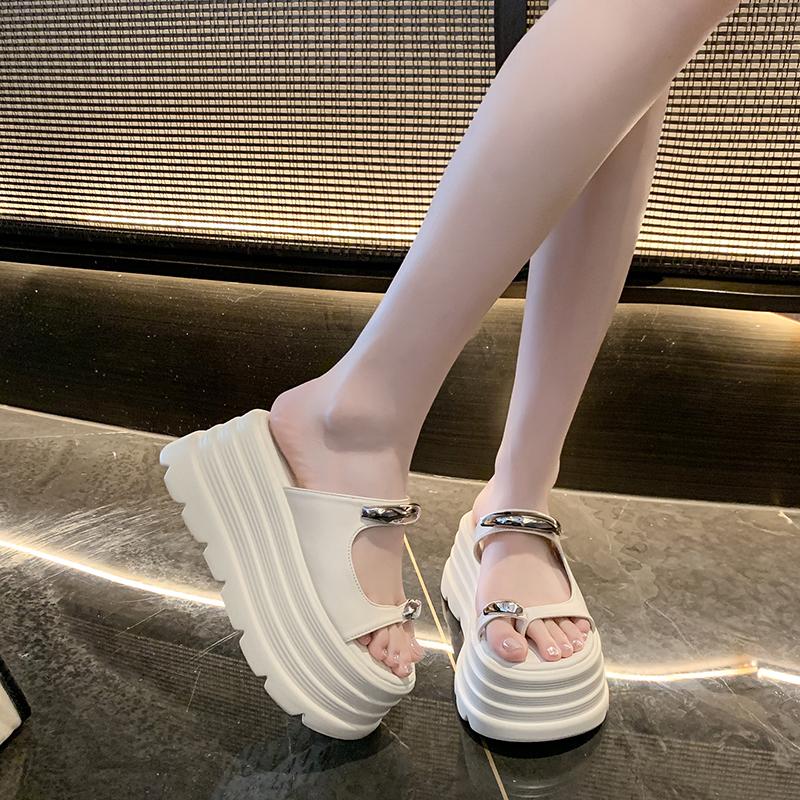 Fashion 2025 New Summer Platform Wedges Slippers 8CM Heels Peep Toe Sandals Ladies Beach Flats Shoes Women Moccasins Leather Flip Flops