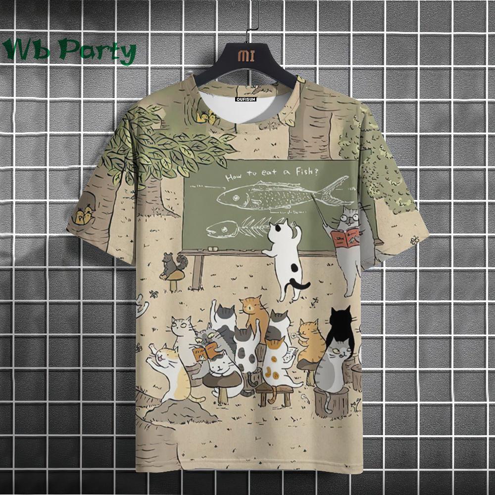 Summer Round Neck 3D Japanese Style Cartoon Cat Print Top Fashionable Casual Short Sleeved Men's T-shirts