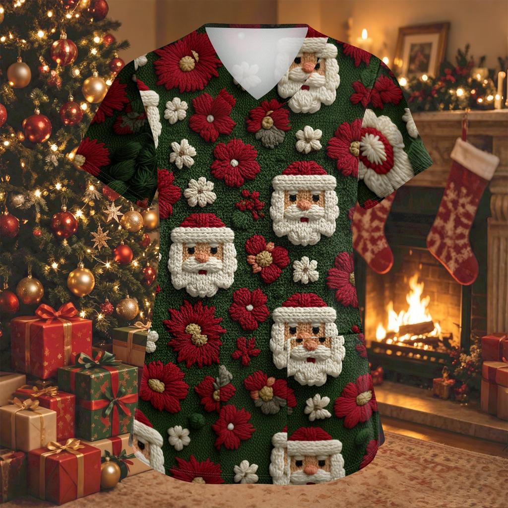 Women's Fashion Christmas Print V-Neck Short Sleeve Caregiver Work Top with Pockets
