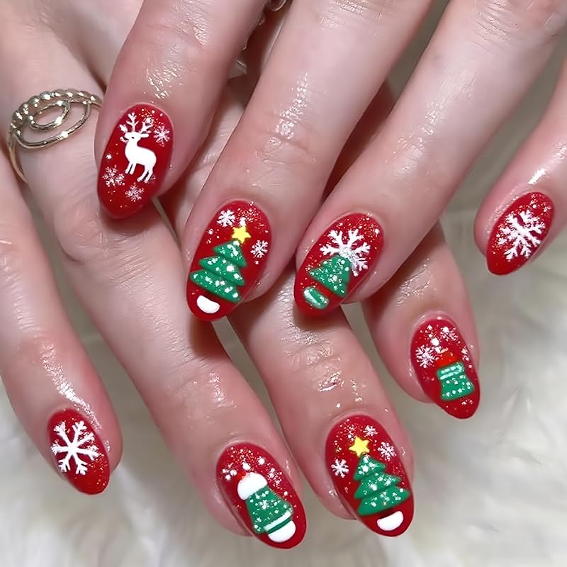 Christmas Press on Nails Medium Almond Fake Nails with Snowflake Designs 3D Xmas Multicolor Gradient False Nail Acrylic Winter Stick on Nail for Christmas Press on Nails