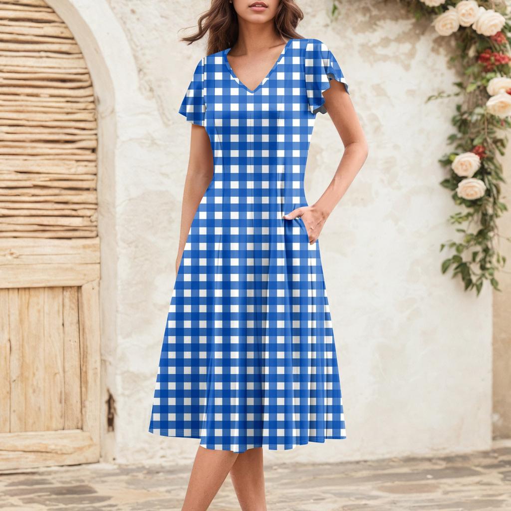 Rochie Midi Elegantă Retro de Vară pentru Femei cu Mâneci Volan V-Gât