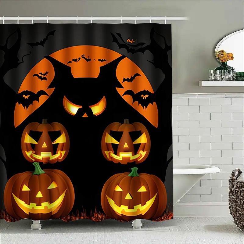 

1Pchalloween Pumpkin Bat Shower Curtain Spooky Orange Black Scary Decor For Bathroom Kids Room W60H190(CM)-1 Pcs