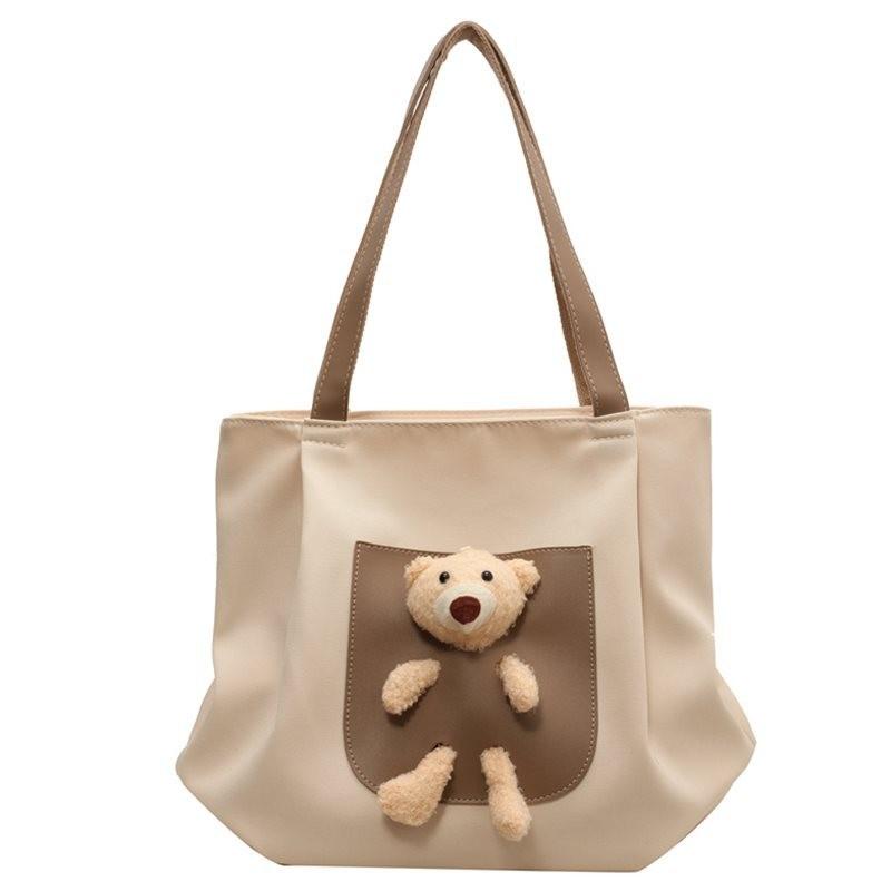Adorable Large Capacity Canvas Shoulder Bag For Women With Cute Bear Design In Versatile Colors