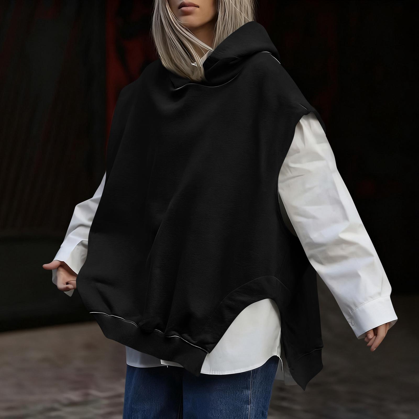 

Женская модная однотонная безрукавка с капюшоном, асимметричным подолом, повседневный пуловер, жилет-худи L