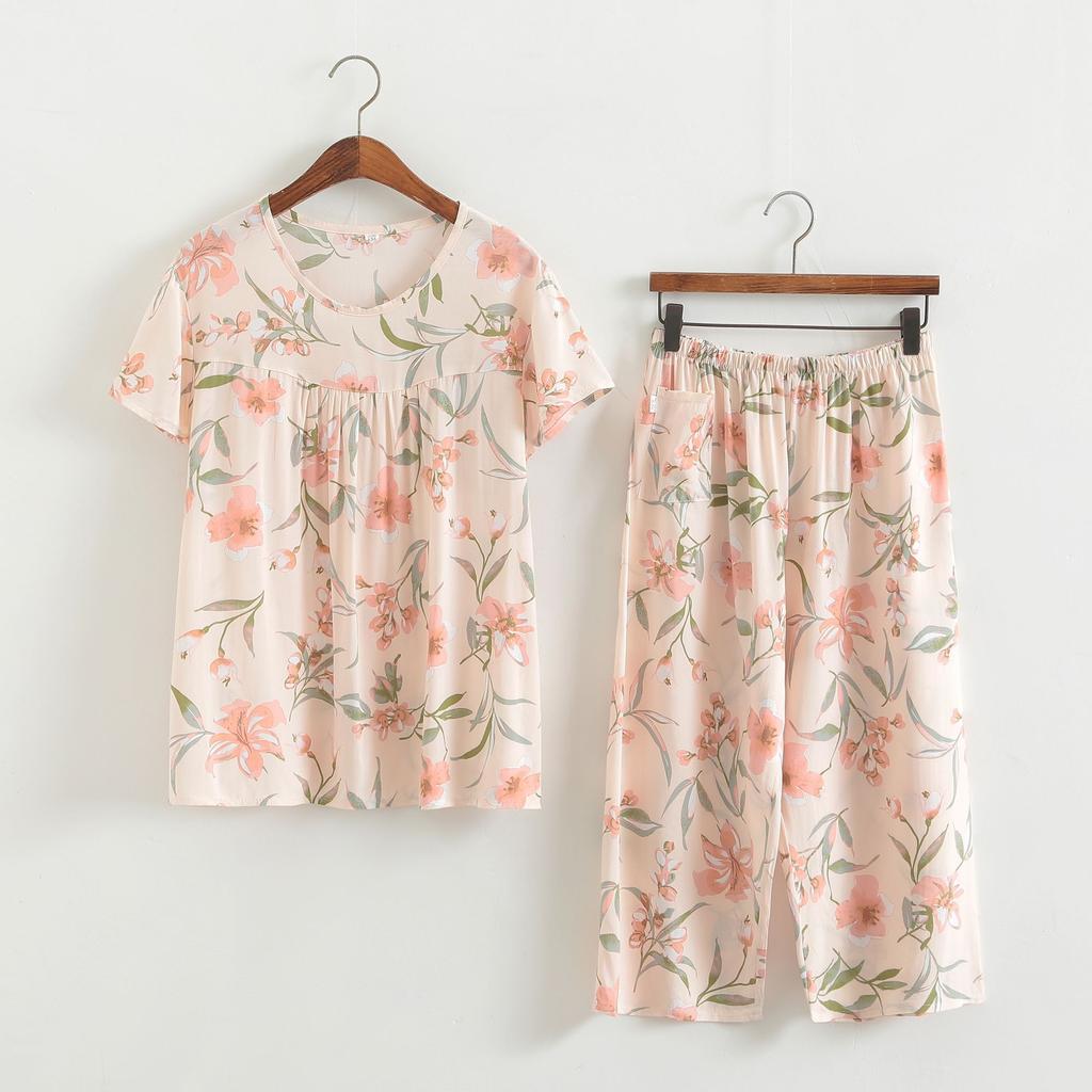 Baumwollseidenset Kurzarm-Caprihose für Damen mittleren Alters und ältere Frauen im Sommer, dünnes Oberteil, cooles Zuhause