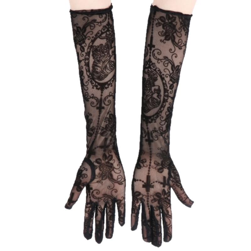Lace Gloves Skeleton Crosses Design Role Playing Glove For Halloween Costume Parties And Gothic Fashion Accessories