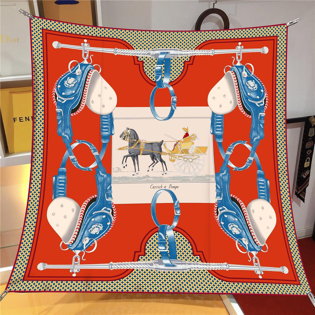 90Cm Twill Silk Scarf Shawl Luxury Checkered Horse Print Square Scarves Women Hijabs Bandana Foulard Head Neckerchief