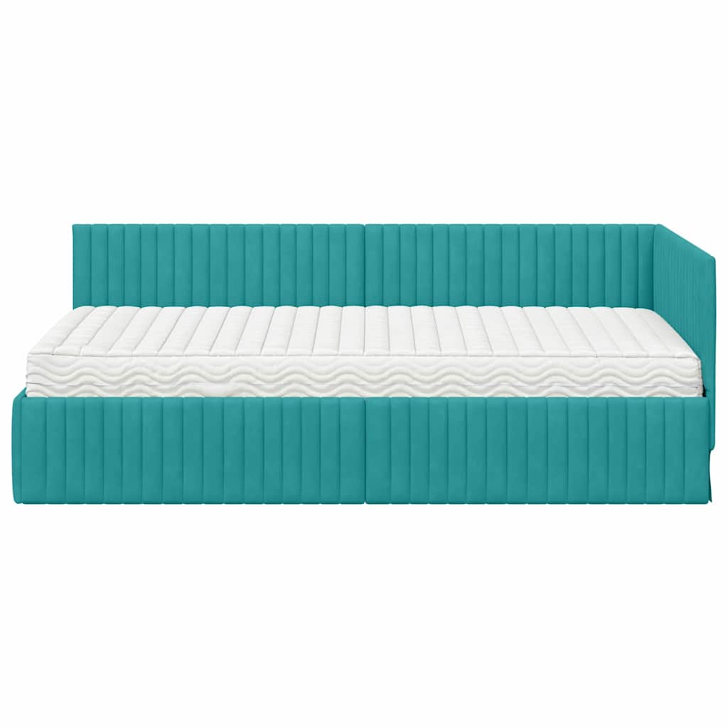 Corner Bed Frame with Mattress and Headboard 2 Pcs Turquoise Velvet