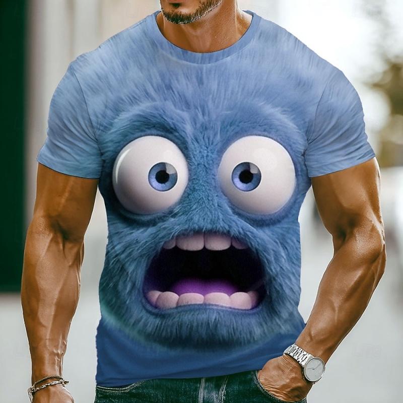 3D Print Furry Monster Face T-Shirt for Men Cute Cartoon Graphic Short Sleeve Tees Summer Casual Street Tops Round Neck T Shirts