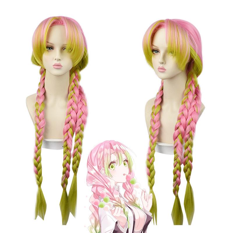 Anime Demon Slayer Kanroji Mitsuri Kimetsu No Yaiba Women Cosplay Wig Green Pink Colorful Hair Braids Hair