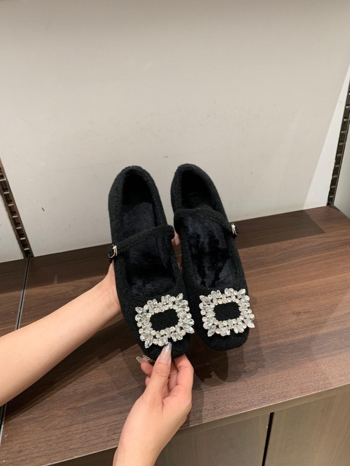 Xiaoxiangfeng rhinestone velvet square head Mary Jane shoes fairy thick heel fluffy shoes Doudou shoes ladyshoes 39