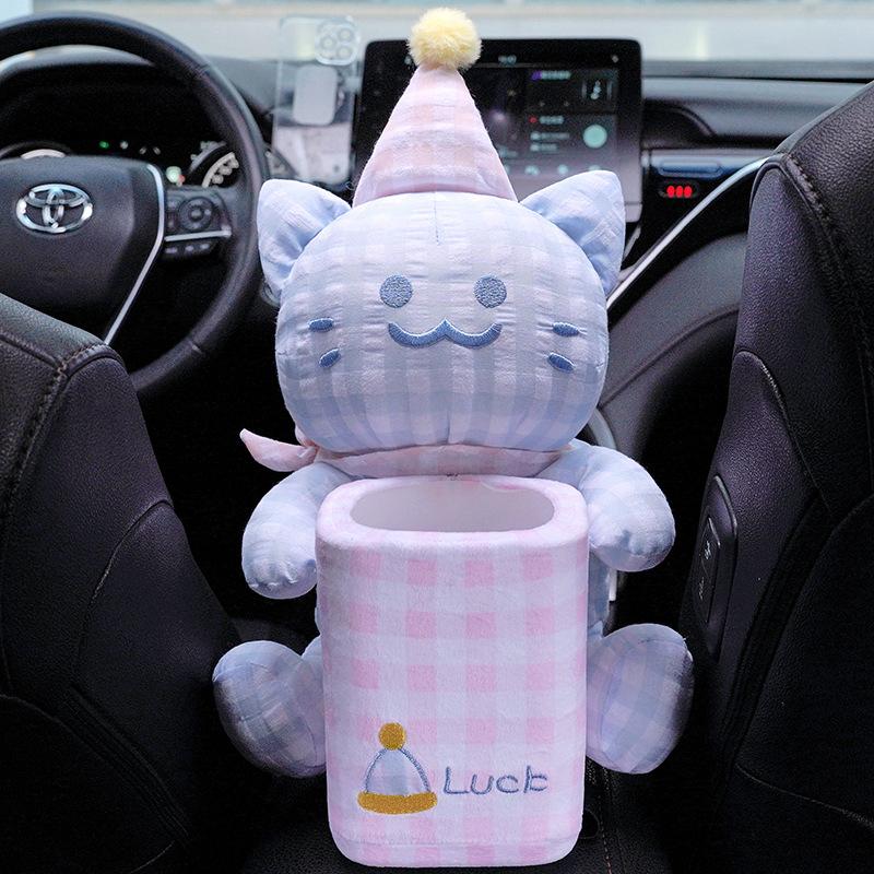 Katzenmuster Auto-Taschentuchbox Weiche Plüschtiere Niedliche Kätzchen Gitterlinien Plüschtiere Puppen Aufbewahrungsboxen Wesentliche Auto-Geschenke