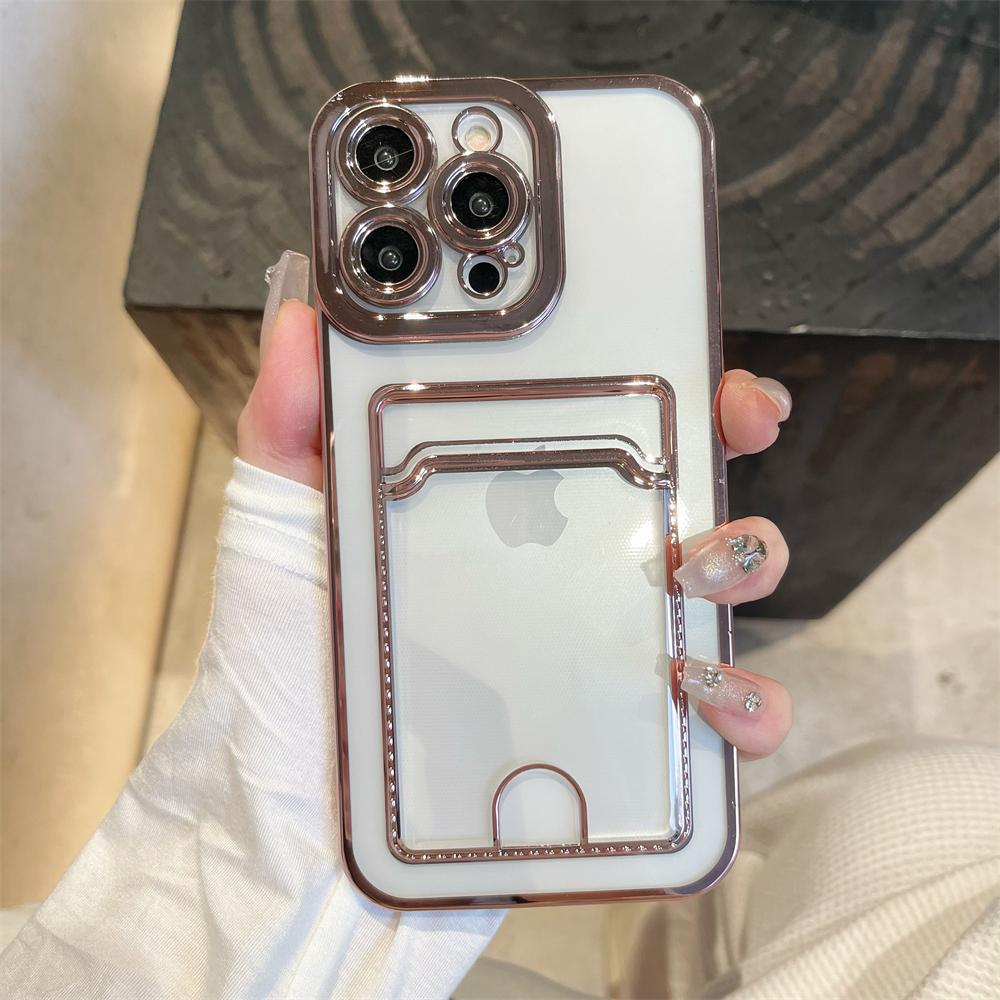 

Роскошный чехол для телефона с гальваническим покрытием и карманом для карт для iPhone 17Air 15 14 13 12 11 16 Pro Max X XsMax 6 7 8Plus SE Противоударный Защита камеры Однотонная задняя крышка For iPhone 7/8/SE(2022) золотой