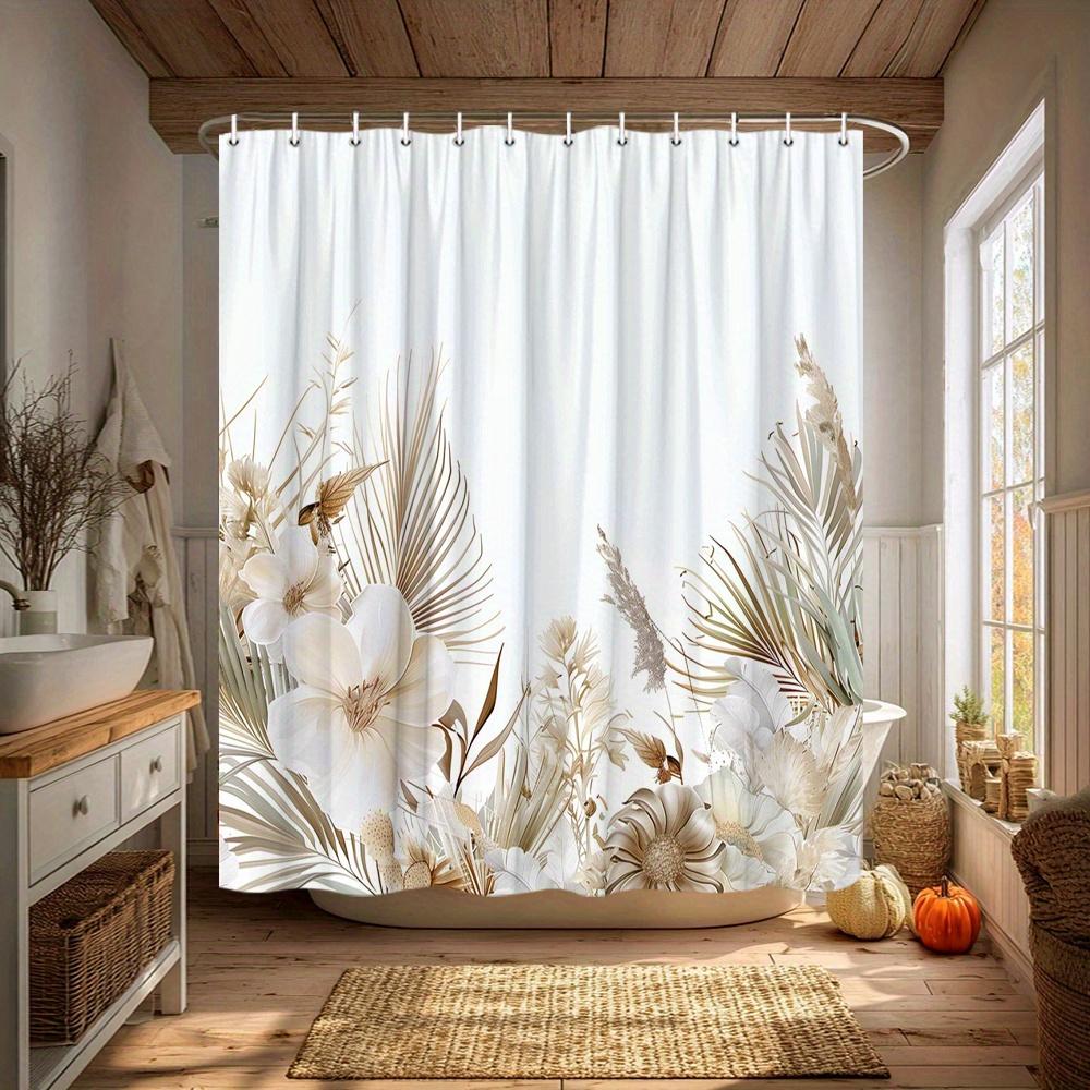 1Pc White Flower And Leaf Pattern Shower Curtain, Polyester Fabric, Machine Washable, Suitable For Bathroom Decoration