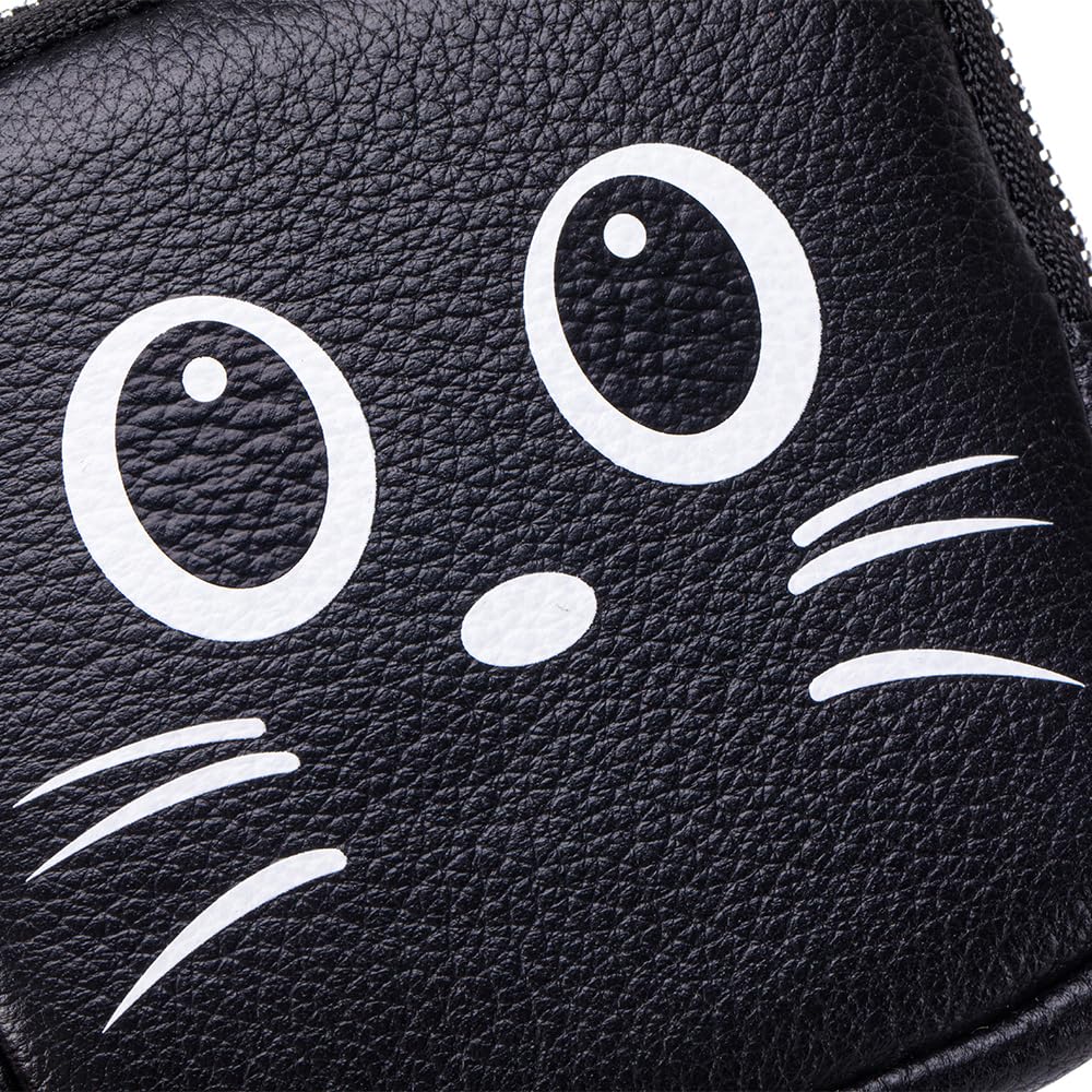 Äkta Läder Katt Myntplånbok för Kvinnor, Sött Myntfodral med Nyckelring, Miniplånbok, Accessoarväska, Katt Minipåse med Nyckelring (Svart)