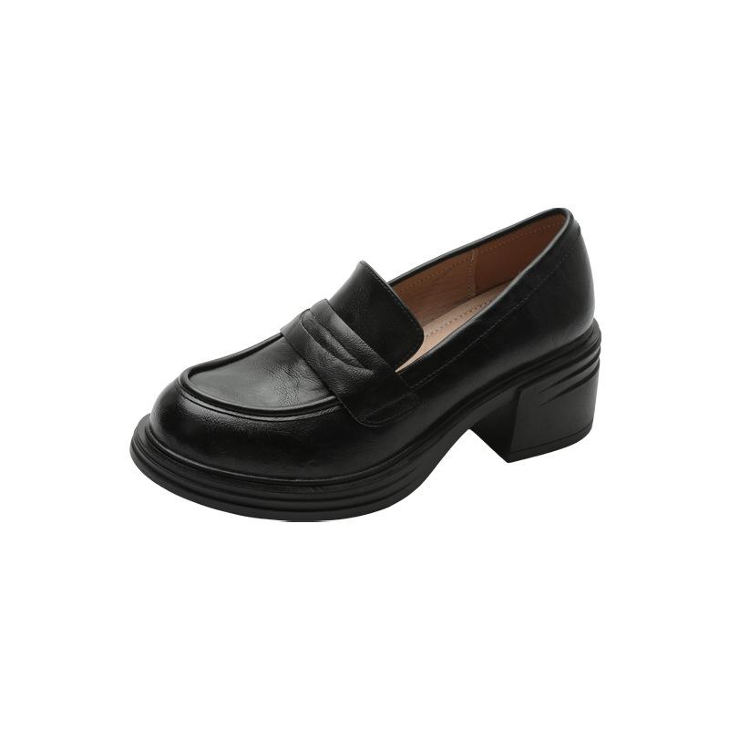 Classic retro British style loafers women's small height-increasing single shoes thick heel one pedal simple black small leather shoes