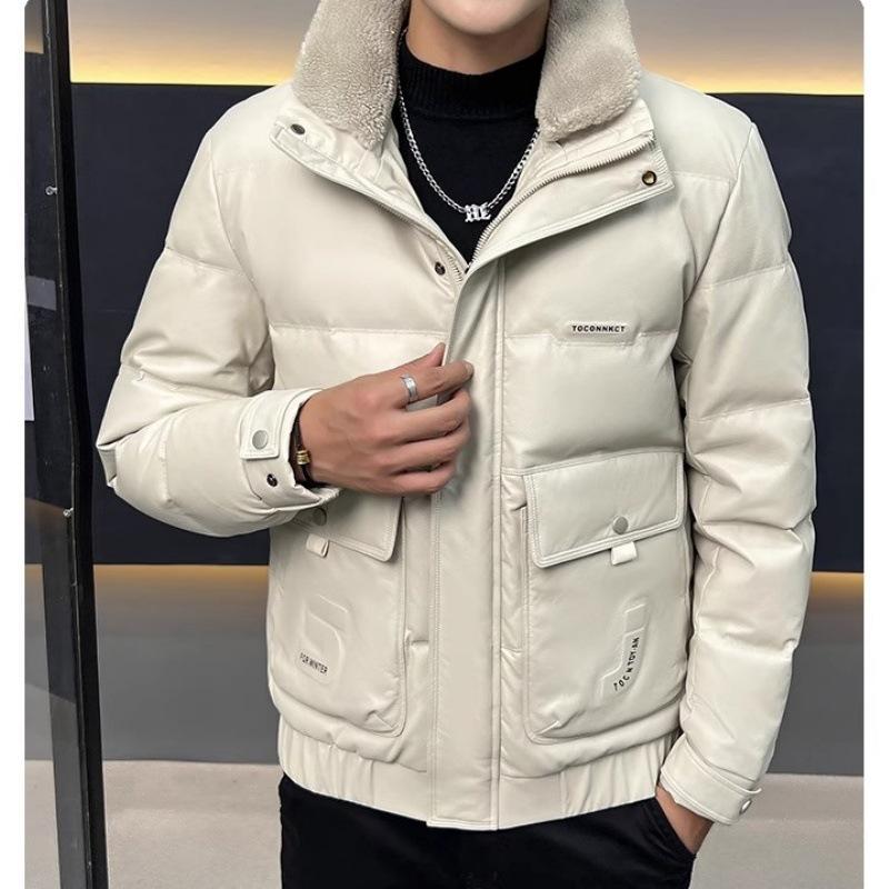 

Short lamb wool collar down jacket men s winter 2025 ruffian handsome high-end fashion casual winter jacket cotton jacket 5XL бежевый