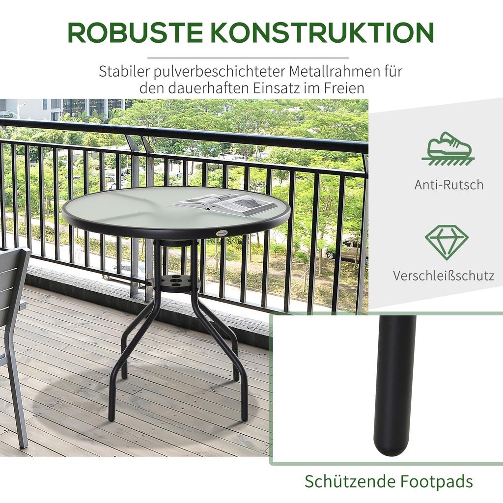 80 cm Schwarzer Runder Garten-Esstisch, Outdoor Kaffee Bistro Beistelltisch mit gehärteter Glasplatte und Stahlrahmen für Terrasse, Veranda