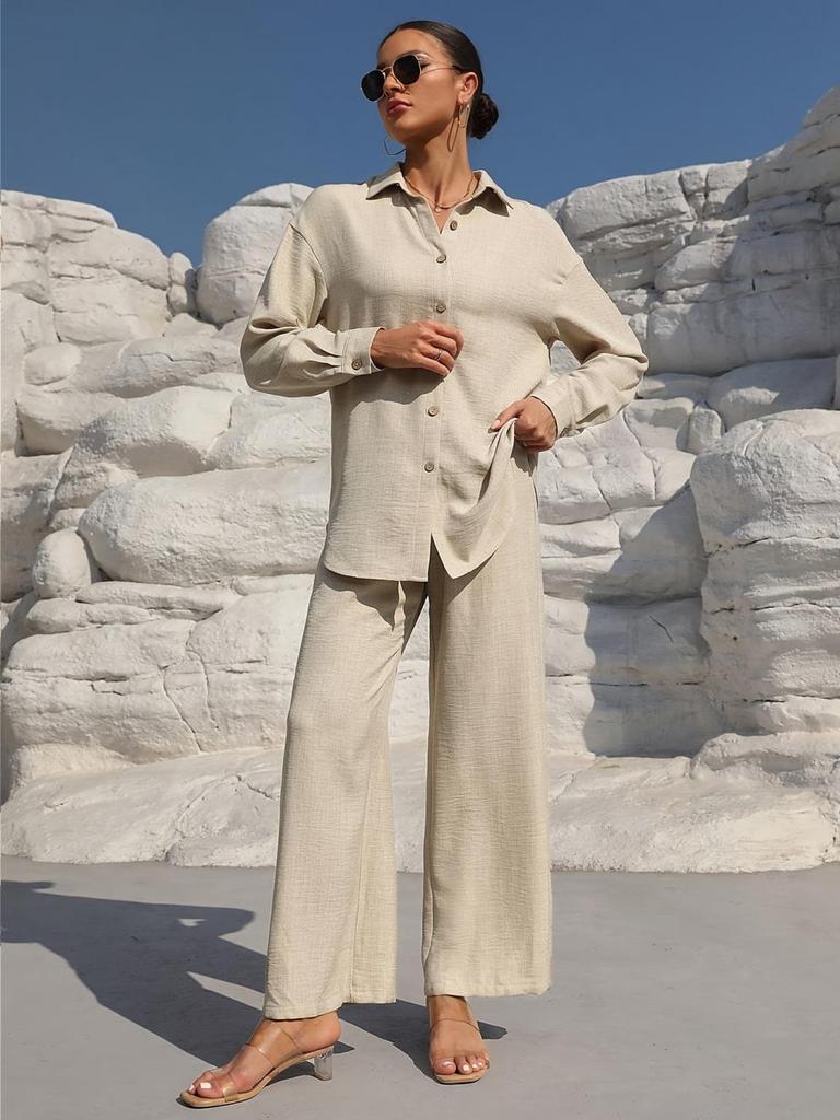 Spring & Autumn Trendy Women's Two-Piece Cardigan Set - Long Sleeve Solid Apricot