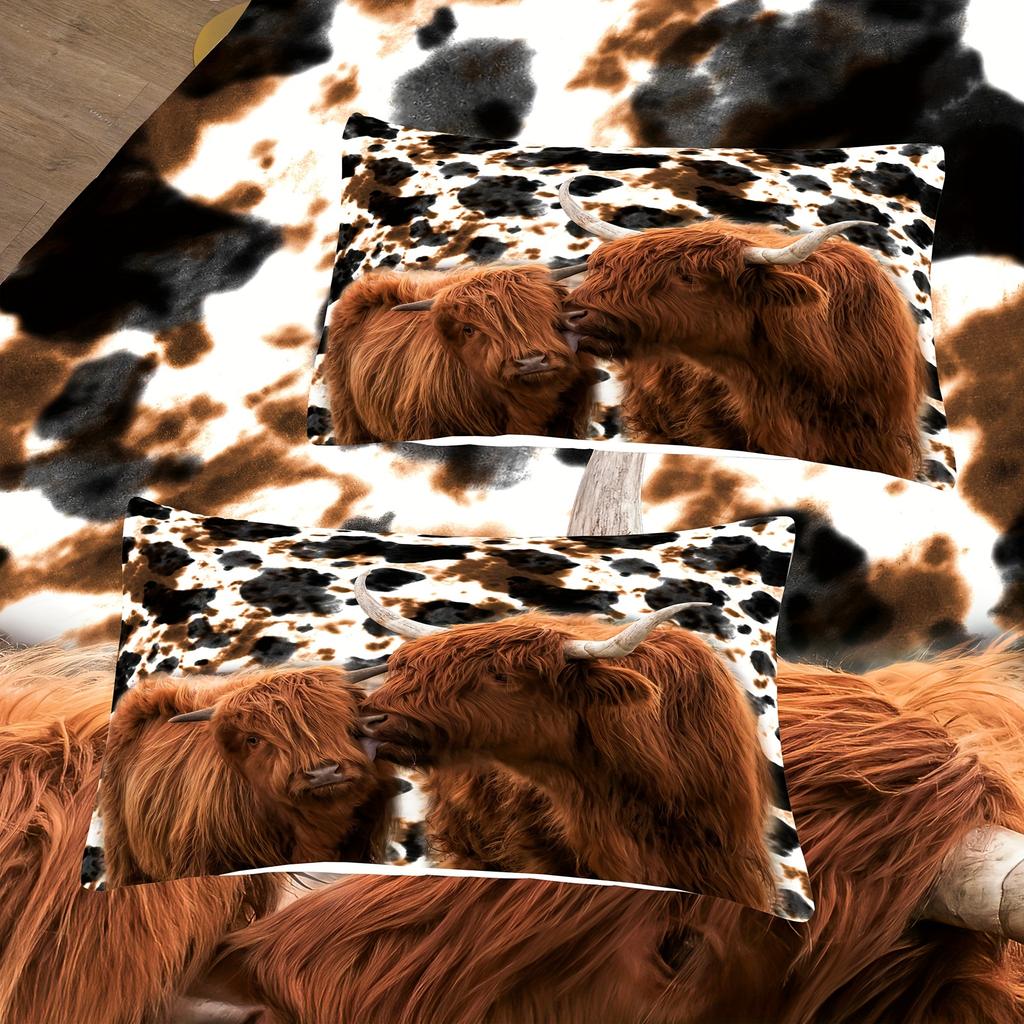 Highland Cow Print Vaskbart sengetøysett i mikrofiber Mykt Komfortabelt dynetrekk for gjesterom på soverommet