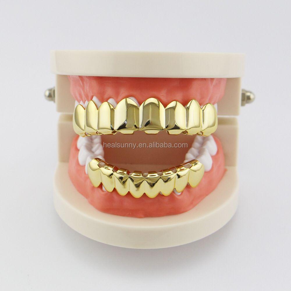 Custom Eco-friendly Gold Color Iced Rhinestones Teeth Grillz Top&Bottom Vampire Teeth Caps Hip Hop Blingbling Copper Body