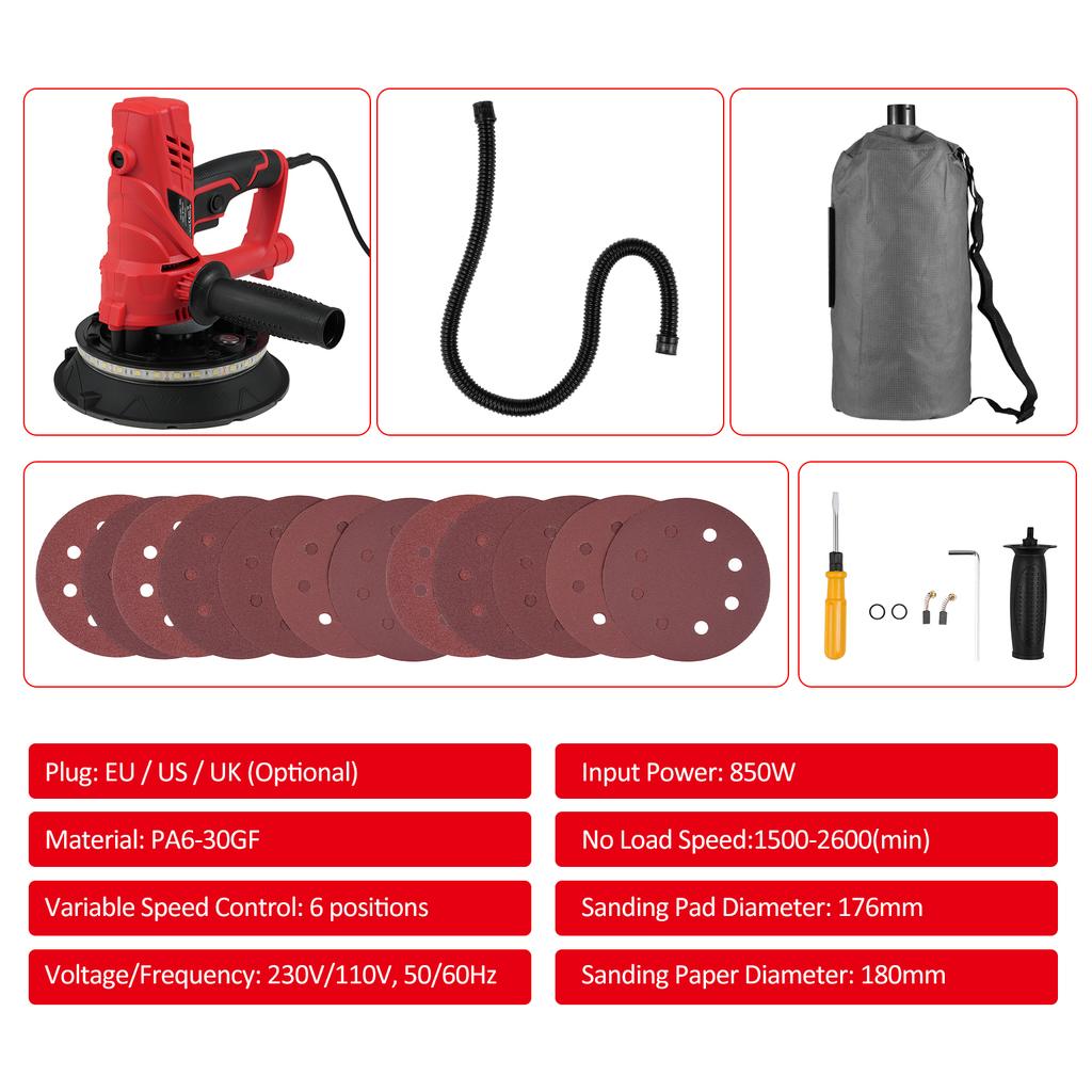 Handheld Sander 850W Electric Sander with 12pcs Sanding Discs Speed 1500-2600 RPM Wall Sander with Automatic Vacuum Dust Absorption S
