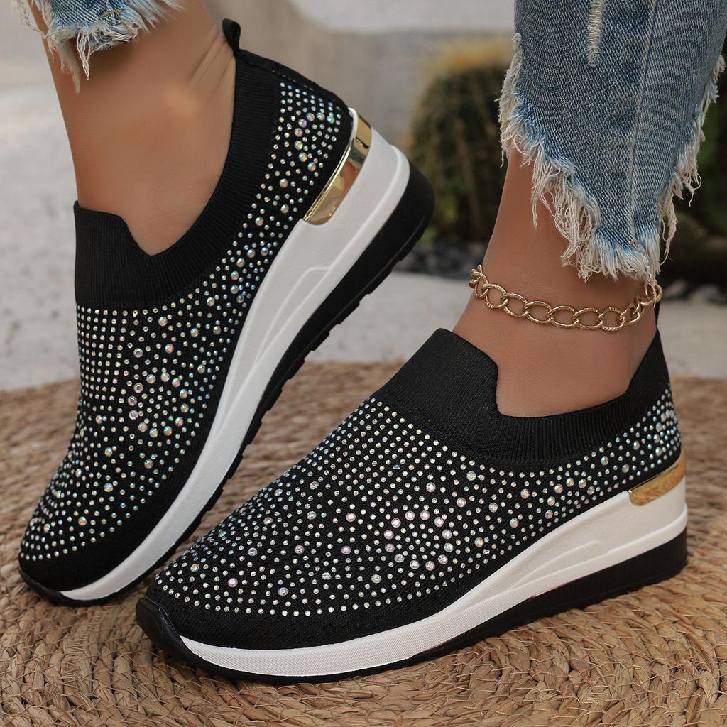 Fashion Rhinestone Women Shoe Casual Sneakers Wedge Flat Loafers Spring Summer New Knitted Single Shoes Adult Ladies Plus Size