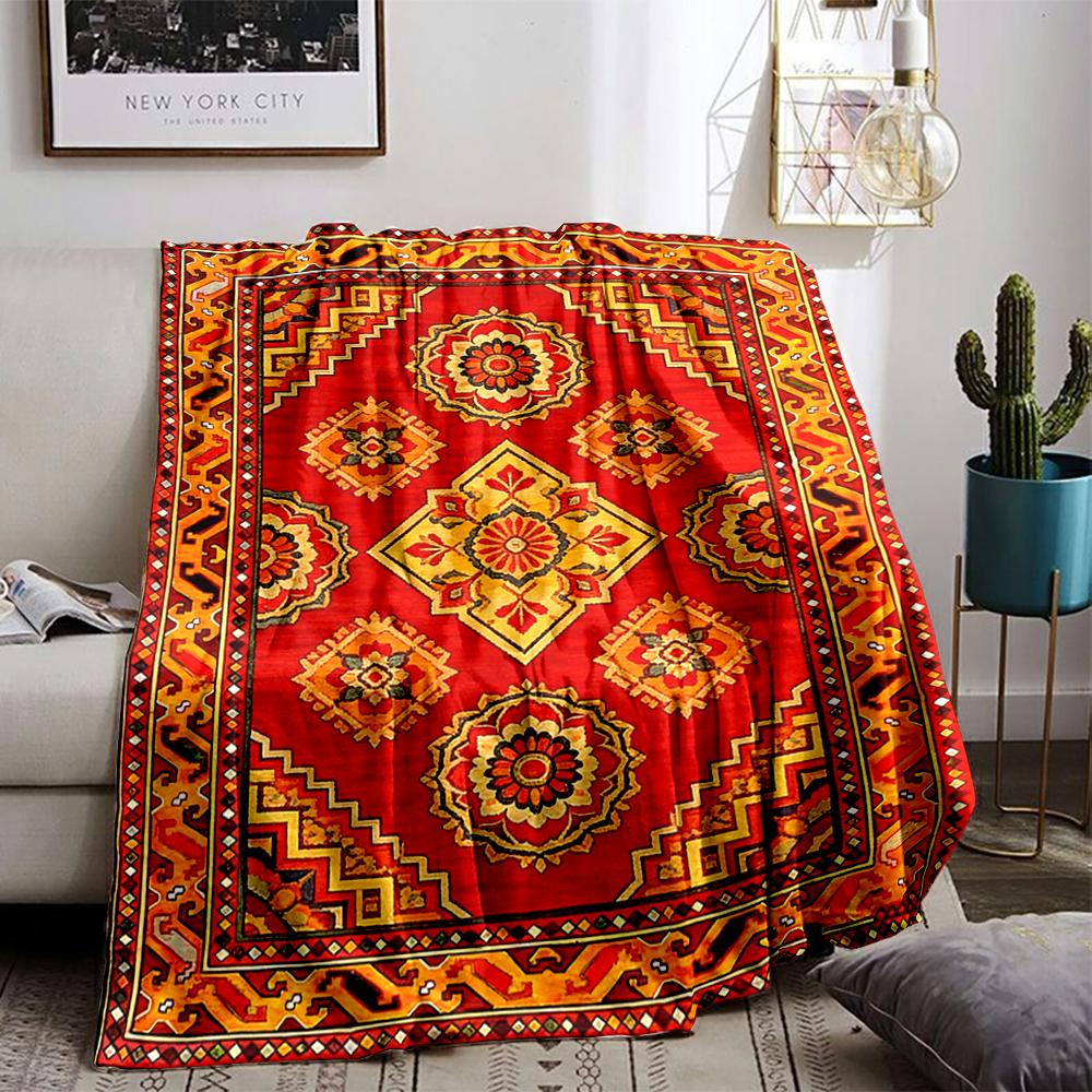 Geometric Patterned Red Blanket with Floral Motifs and Ethnic Design Blanket, Suitable for Use In the Bedroom, Living Room, On the Sofa
