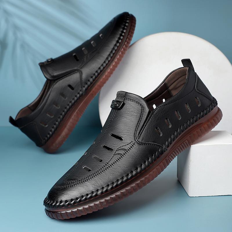 Leather sandals summer men's casual hollow soft leather soft sole middle-aged dad shoes beef tendon sole non-slip driving hole shoes