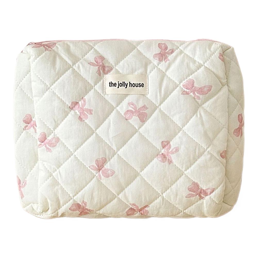 Cute Bow Makeup Bag with Zipper Travel Makeup Pouch Cotton Quilted Makeup Organizer Storage Bag for Women and Girls