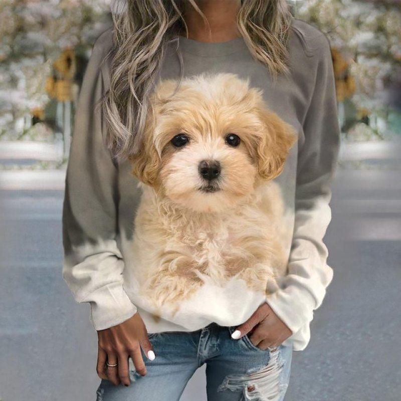 Women's Sweater Pullover T-Shirt Fashion Kitten Print Long Sleeve T Shirt Girls Street Casual Ladies Clothes O-Neck Sweatershirt