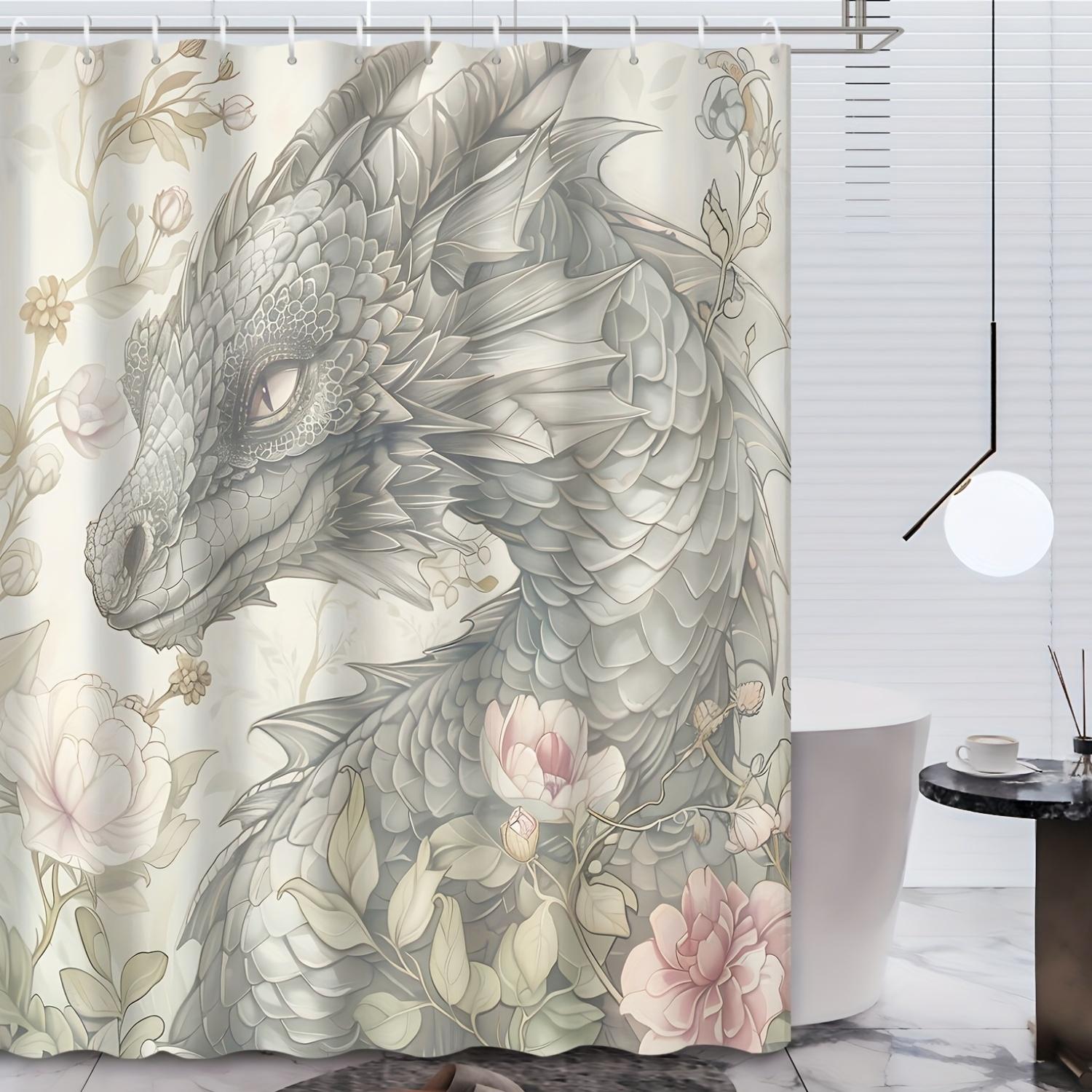

1Pc Elegant Asian-Inspired Dragon & Floral Print Polyester Shower Curtain, Abstract Chinese Style With Grommets & Hooks W60H190(CM)-1 Pcs